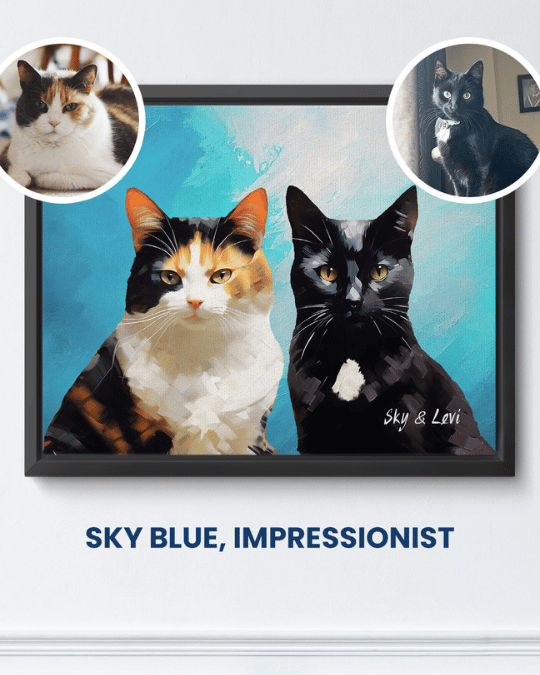 Sky Blue impressionist portrait of a calico cat and a black cat