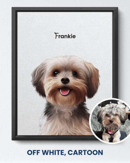 Off White cartoon portrait of a small fluffy dog named Frankie