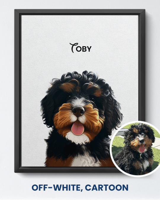 Off-White cartoon portrait of a curly black and tan dog named Toby