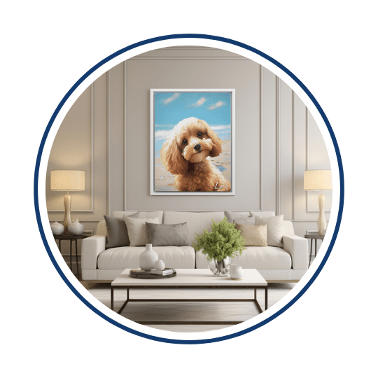 Framed pet portrait hanging in a living room