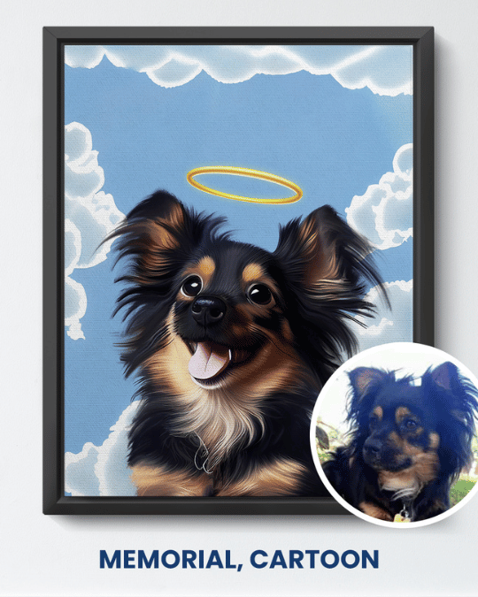 Memorial cartoon portrait of a long-haired black and tan dog with a halo