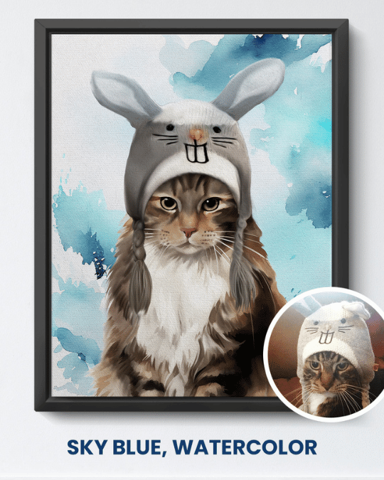 Sky Blue watercolor portrait of a tabby cat wearing a bunny hat