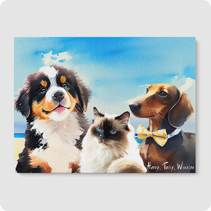Watercolor Pet Portrait - 3 Pet  PetPortraits.com Beach 12" x 16" Poster - No Frame