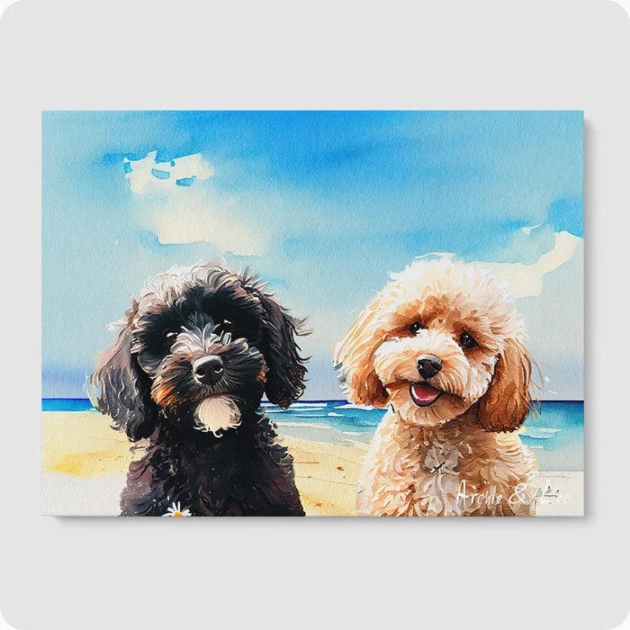 Watercolor Pet Portrait - 2 Pet  PetPortraits.com Beach 12" x 16" Poster - No Frame